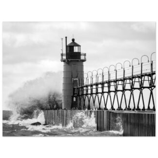South Haven Lighthouse – Wave Impact – B&W - 30×40 Print